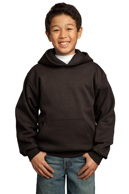 Youth Port & Company dark chocolate brown fleece pullover hoodie, cozy hooded sweatshirt for kids.