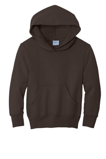 Youth Port & Company Dark Chocolate Brown fleece pullover hoodie with front pocket and drawstring hood.