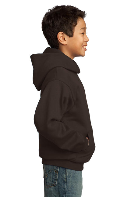 Youth Port & Company dark chocolate brown fleece pullover hoodie with front pocket and drawstring hood.