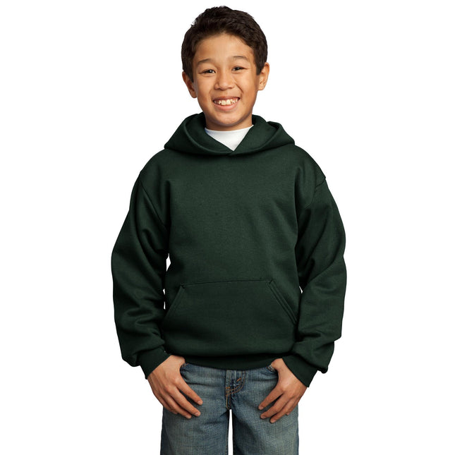 Youth Port & Company dark green fleece pullover hoodie with front pocket and drawstring hood, casual and comfortable sweatshirt.