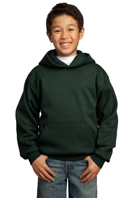 Youth Port & Company dark green fleece pullover hoodie with front pocket and drawstring hood, casual and comfortable sweatshirt.
