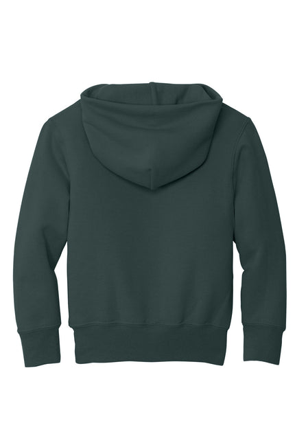 Youth Port & Company dark green fleece pullover hoodie with front kangaroo pocket and adjustable drawstrings.