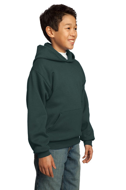 Youth Port & Company dark green fleece pullover hoodie with front pocket and hood, casual and comfortable for everyday wear.