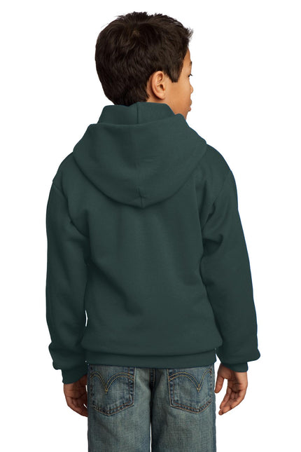Youth Port & Company dark green fleece pullover hoodie, core fleece sweatshirt with hood and front pocket.