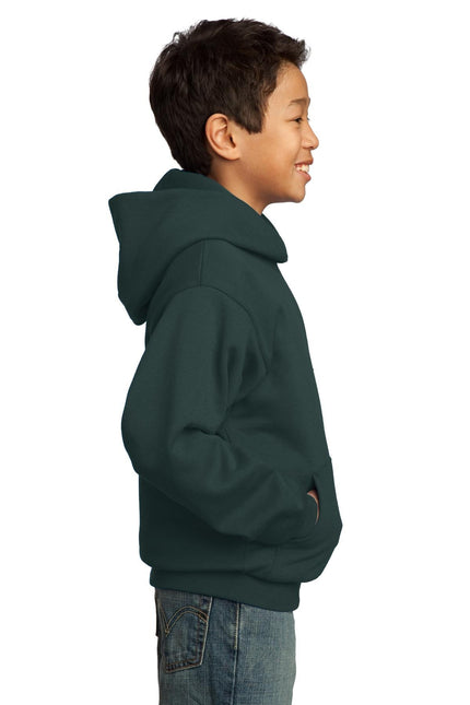 Dark green youth fleece pullover hoodie by Port & Company, soft, comfortable, with a front pocket and adjustable drawstrings.