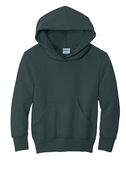 Youth Port & Company dark green fleece pullover hoodie with front pocket and drawstring hood, casual and comfortable sweatshirt.