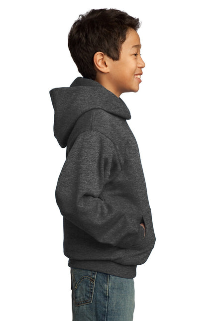 Youth Port & Company fleece pullover hoodie in dark heather grey, featuring a cozy hood and front pocket.