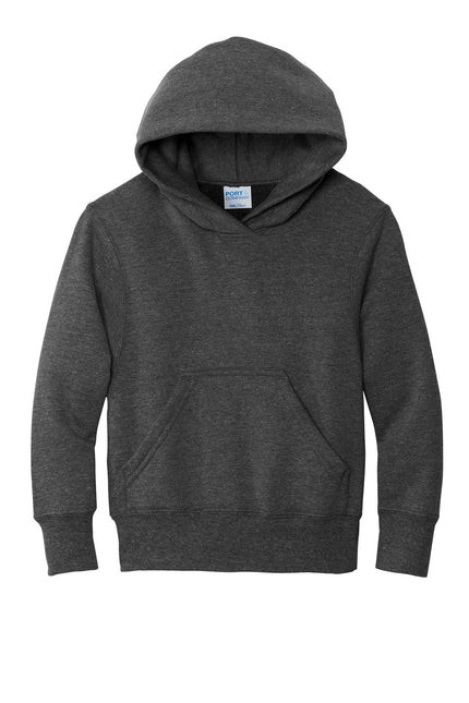 Youth Port & Company Core Fleece Pullover Hoodie in dark Heather Grey, soft fleece with a hood and front pocket.