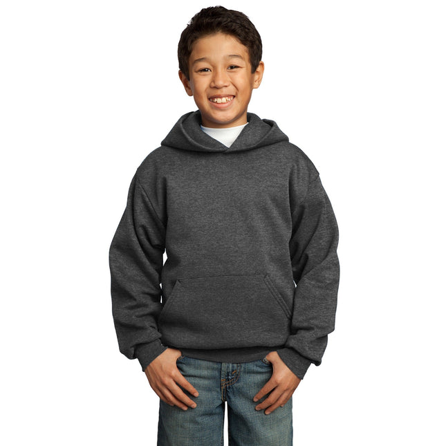 Youth Port & Company fleece pullover hoodie in dark Heather Grey, soft fleece material with hood and front pocket.