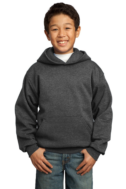 Youth Port & Company fleece pullover hoodie in dark Heather Grey, soft fleece material with hood and front pocket.