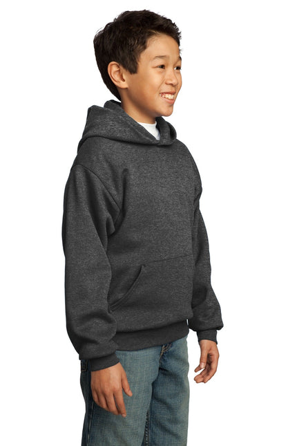 Youth Port & Company dark heather grey fleece pullover hoodie with front kangaroo pocket and drawstring hood.
