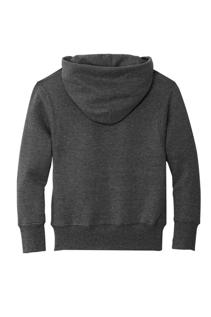 Youth Port & Company fleece pullover hoodie in dark heather grey, featuring a hood and front pocket.