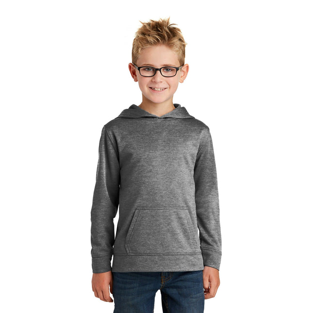 Youth Port & Company Graphite Heather Core Fleece Pullover Hooded Sweatshirt, front view showing hood and fleece texture.