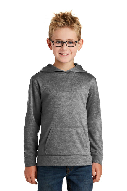 Youth Port & Company Graphite Heather Core Fleece Pullover Hooded Sweatshirt, front view showing hood and fleece texture.