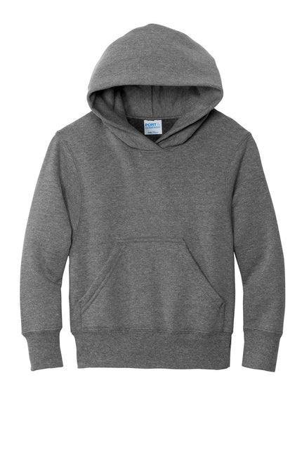 Youth Port & Company Core Fleece Pullover Hooded Sweatshirt in Graphite Heather, showing front view and hood details.