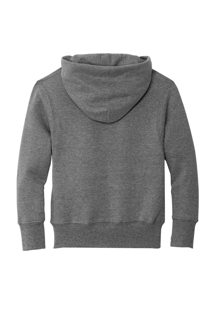 Youth Port & Company Core Fleece Pullover Hoodie in Graphite Heather, visible hood and fleece material, casual youth sweatshirt.