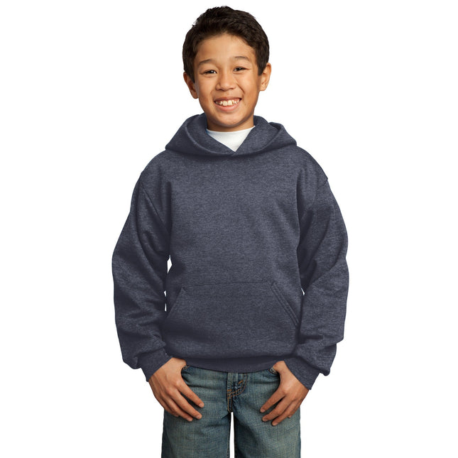 Youth Port & Company Heather Navy fleece pullover hoodie with front pocket and drawstring hood, casual and comfortable sweatshirt.