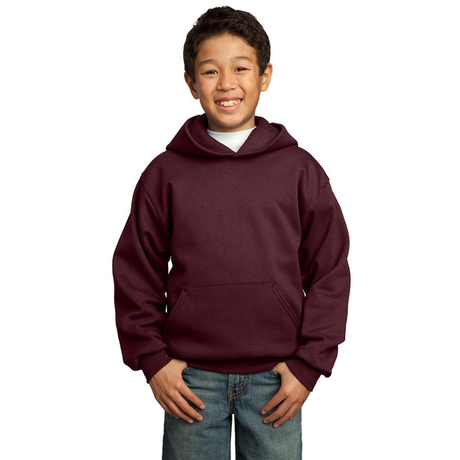 Maroon Port & Company Youth Core Fleece Pullover Hooded Sweatshirt, front view showing soft fleece fabric and hood.