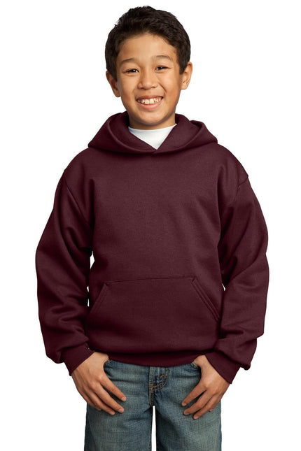 Maroon Port & Company Youth Core Fleece Pullover Hooded Sweatshirt, front view showing soft fleece fabric and hood.