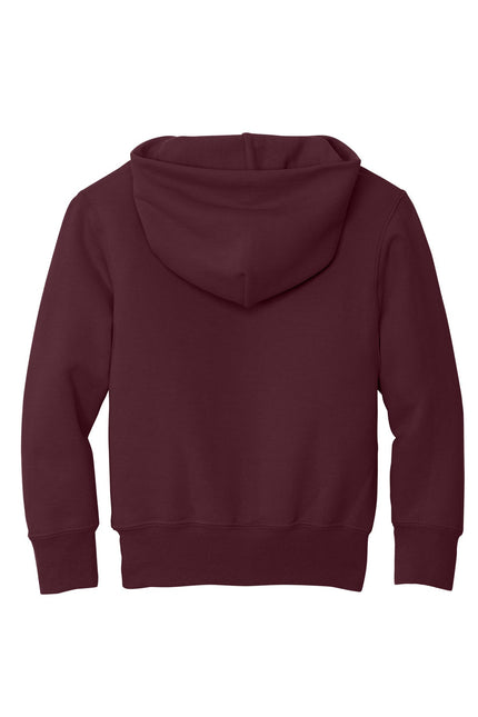 Maroon Port & Company youth core fleece pullover hoodie with front pocket and drawstring hood, casual and comfortable.