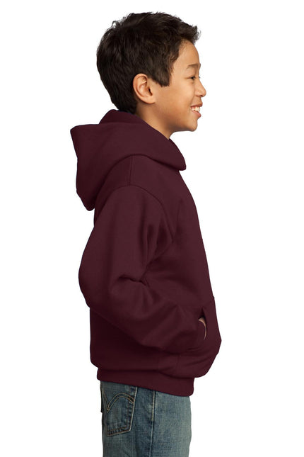 Maroon youth fleece pullover hoodie by Port & Company, featuring a soft, cozy hooded sweatshirt with front pocket.