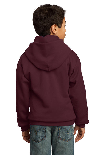 Maroon youth fleece pullover hoodie by Port & Company, featuring a front pocket and adjustable drawstring hood.