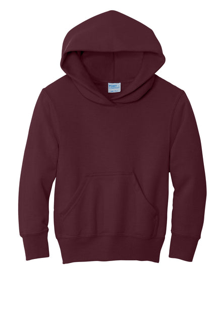 Maroon Port & Company youth core fleece pullover hoodie with front pocket and adjustable drawstrings, soft and cozy for kids.