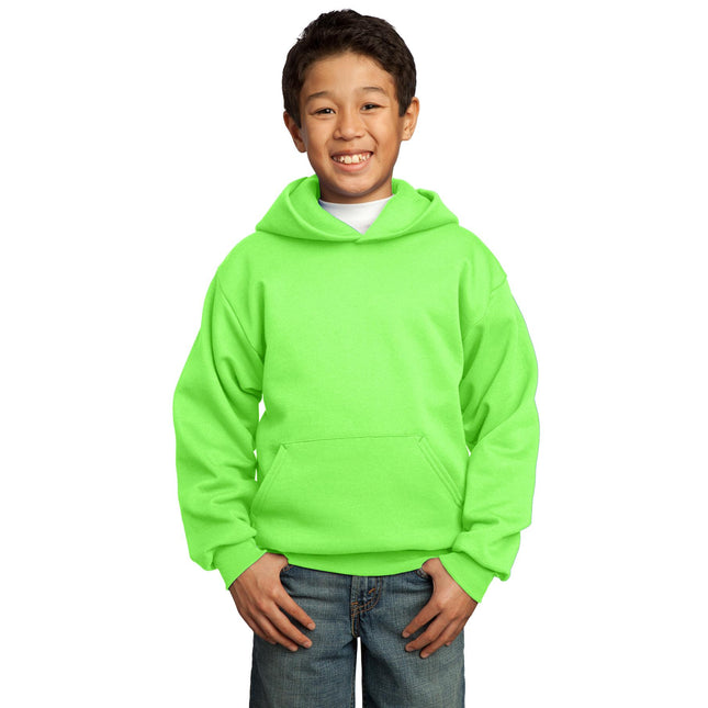 Youth Port & Company neon green fleece pullover hoodie with front pocket and adjustable drawstrings.