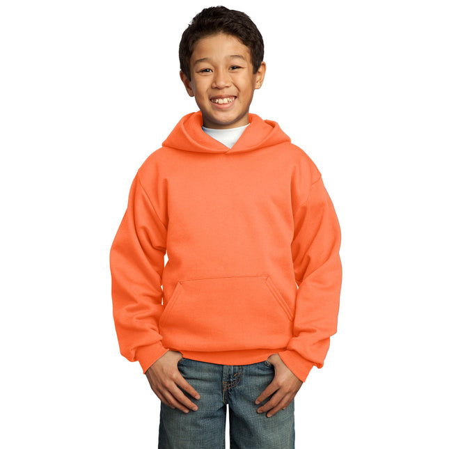 Youth Port & Company Neon Orange Core Fleece Pullover Hooded Sweatshirt, front view showing hood and vibrant color.