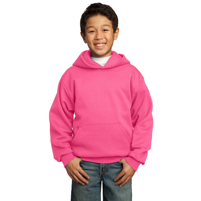 Youth Port & Company Neon Pink Core Fleece Pullover Hoodie, hooded sweatshirt for kids with vibrant neon pink color.