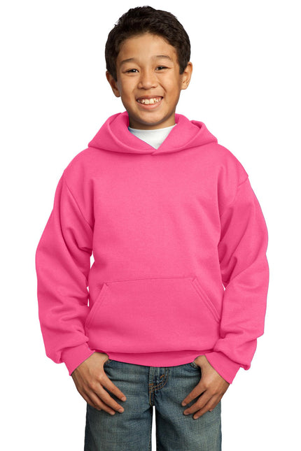 Youth Port & Company Neon Pink Core Fleece Pullover Hoodie, hooded sweatshirt for kids with vibrant neon pink color.