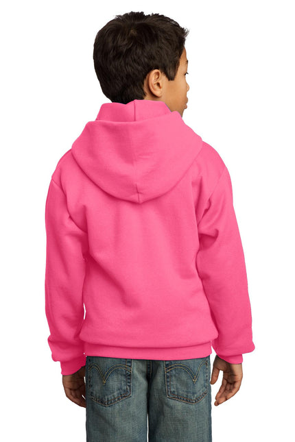 Port & Company youth core fleece pullover hooded sweatshirt in neon pink, soft fleece material, front pocket, and adjustable drawstrings.