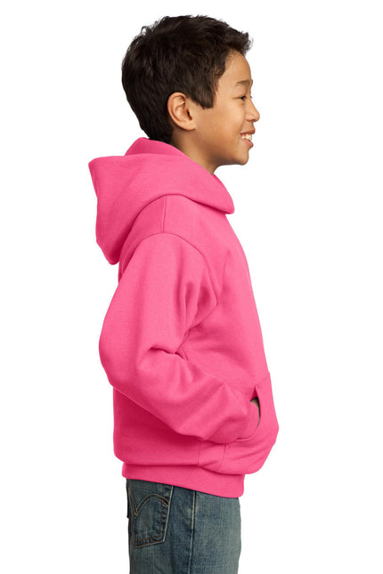 Youth Port & Company neon pink fleece pullover hoodie, front view showing hood and soft fabric texture.