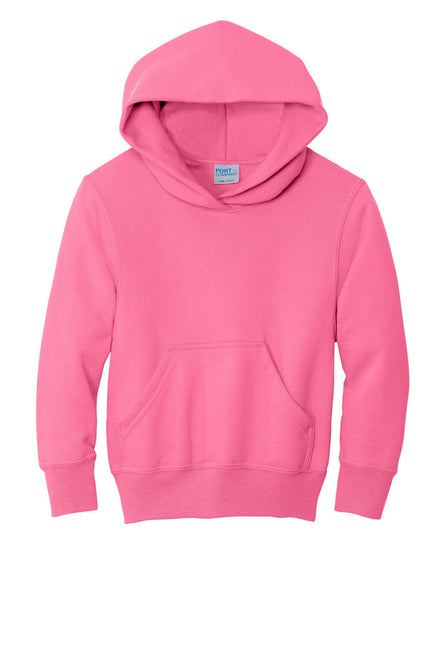 Port & Company youth neon pink fleece pullover hoodie, core fleece sweatshirt with hood, ideal for casual wear.