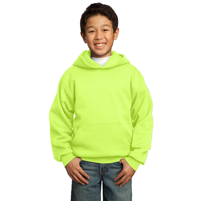 Youth Port & Company neon yellow fleece pullover hoodie, cozy hooded sweatshirt with a front pocket and ribbed cuffs.