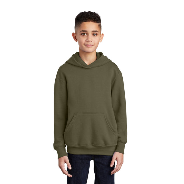 Youth Port & Company olive drab green fleece pullover hoodie with drawstrings and front pocket.