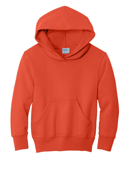 Orange Port & Company Youth Core Fleece Pullover Hoodie, front view showing soft fleece material and adjustable drawstring hood.