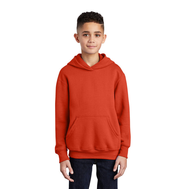 Orange youth fleece pullover hoodie by Port & Company, featuring a cozy core fleece material with a front pocket and adjustable drawstrings.