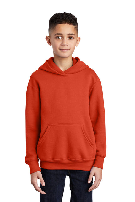 Orange youth fleece pullover hoodie by Port & Company, featuring a cozy core fleece material with a front pocket and adjustable drawstrings.