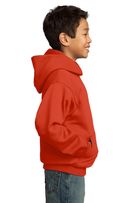 Orange youth fleece pullover hoodie by Port & Company, featuring a cozy, soft fleece fabric and a front kangaroo pocket.