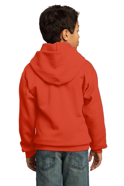 Youth Port & Company orange fleece pullover hoodie with a front pocket and hood, made from soft, warm core fleece material.