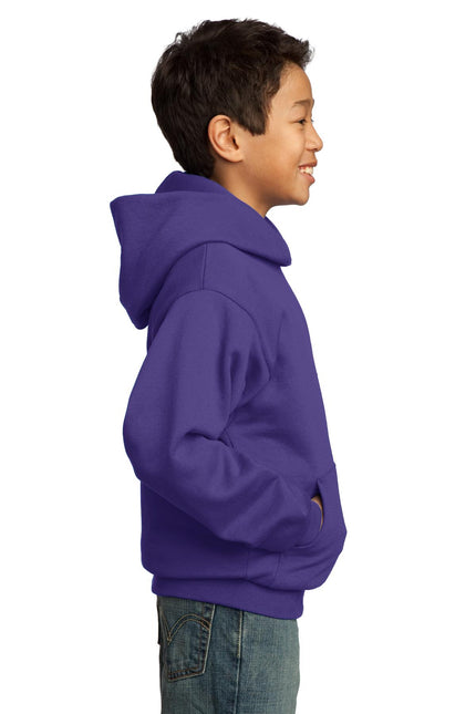 Youth Port & Company purple fleece pullover hoodie with front pocket and adjustable drawstrings, soft and comfortable for everyday wear.