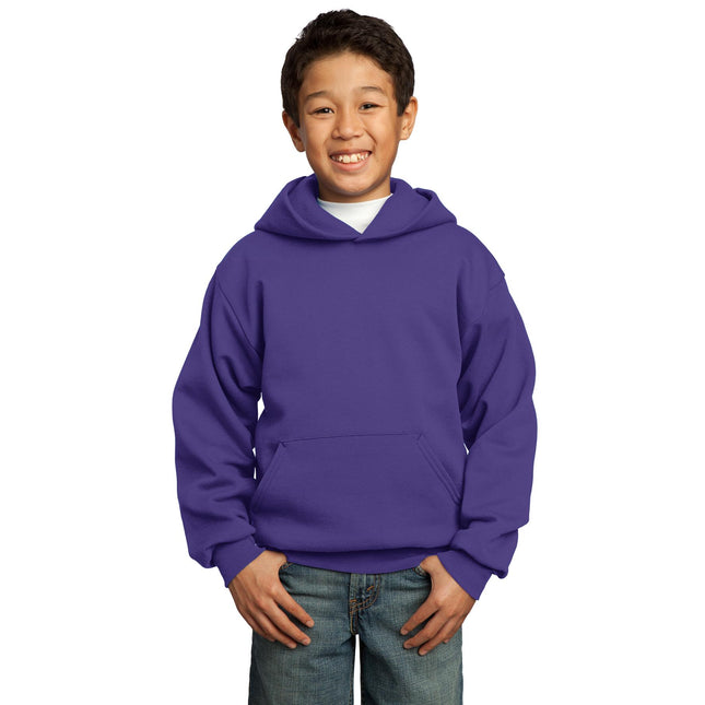 Purple youth fleece pullover hoodie by Port & Company, with a soft, cozy design and adjustable drawstring hood.