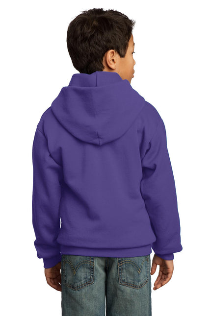 Purple youth fleece pullover hoodie by Port & Company, featuring a cozy hooded sweatshirt with front pocket and ribbed cuffs.