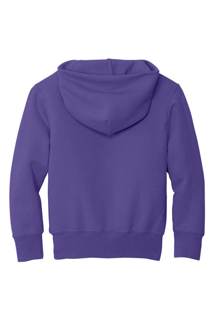 Purple Port & Company Youth Core Fleece Pullover Hoodie with adjustable drawstrings and front kangaroo pocket.