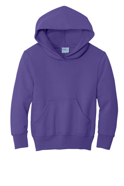 Youth Port & Company purple fleece pullover hoodie, front view showing hood and soft fleece fabric.