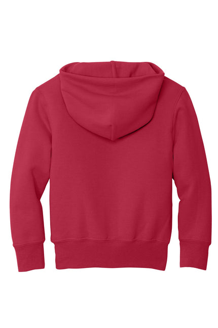 Red Port & Company Youth Core Fleece Pullover Hooded Sweatshirt, front view showing cozy fleece material and adjustable drawstrings.