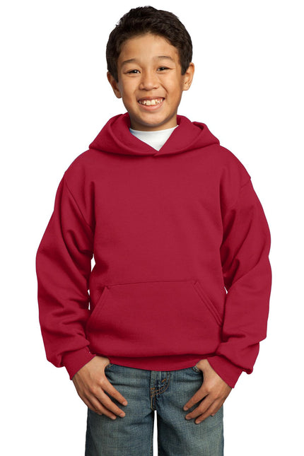 Red Port & Company youth core fleece pullover hoodie with front kangaroo pocket and adjustable drawstrings.