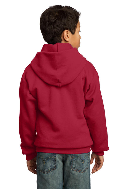 Red youth fleece pullover hoodie by Port & Company, featuring a cozy hood and front kangaroo pocket.