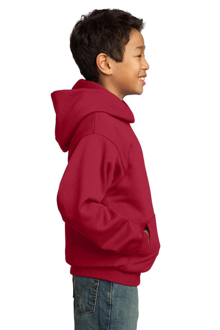 Red Port & Company Youth Core Fleece Pullover Hooded Sweatshirt, front view showing cozy fleece material and hood.